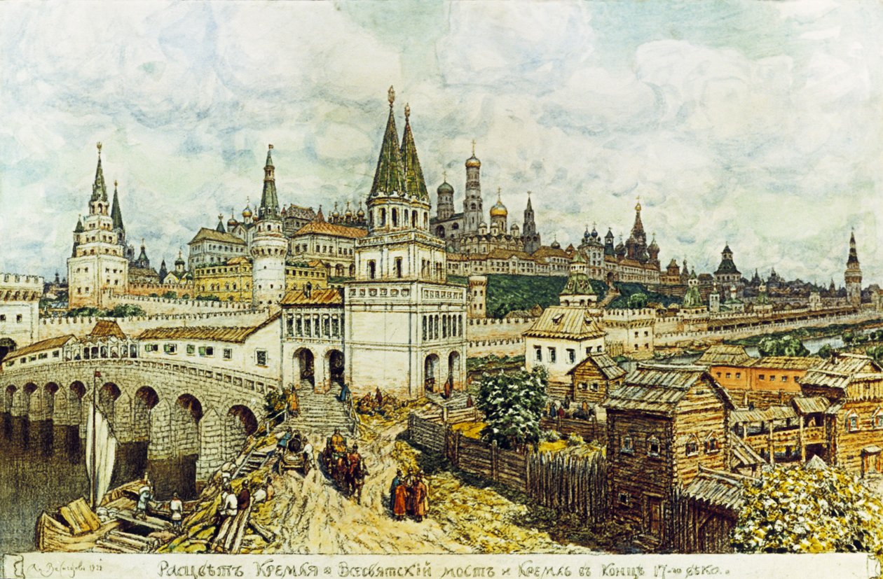阿波利纳里·瓦斯涅佐夫（Apollinari Vasnetsov）在17世纪晚期绘制的圣徒大桥和莫斯科克里姆林宫。 作者 不明