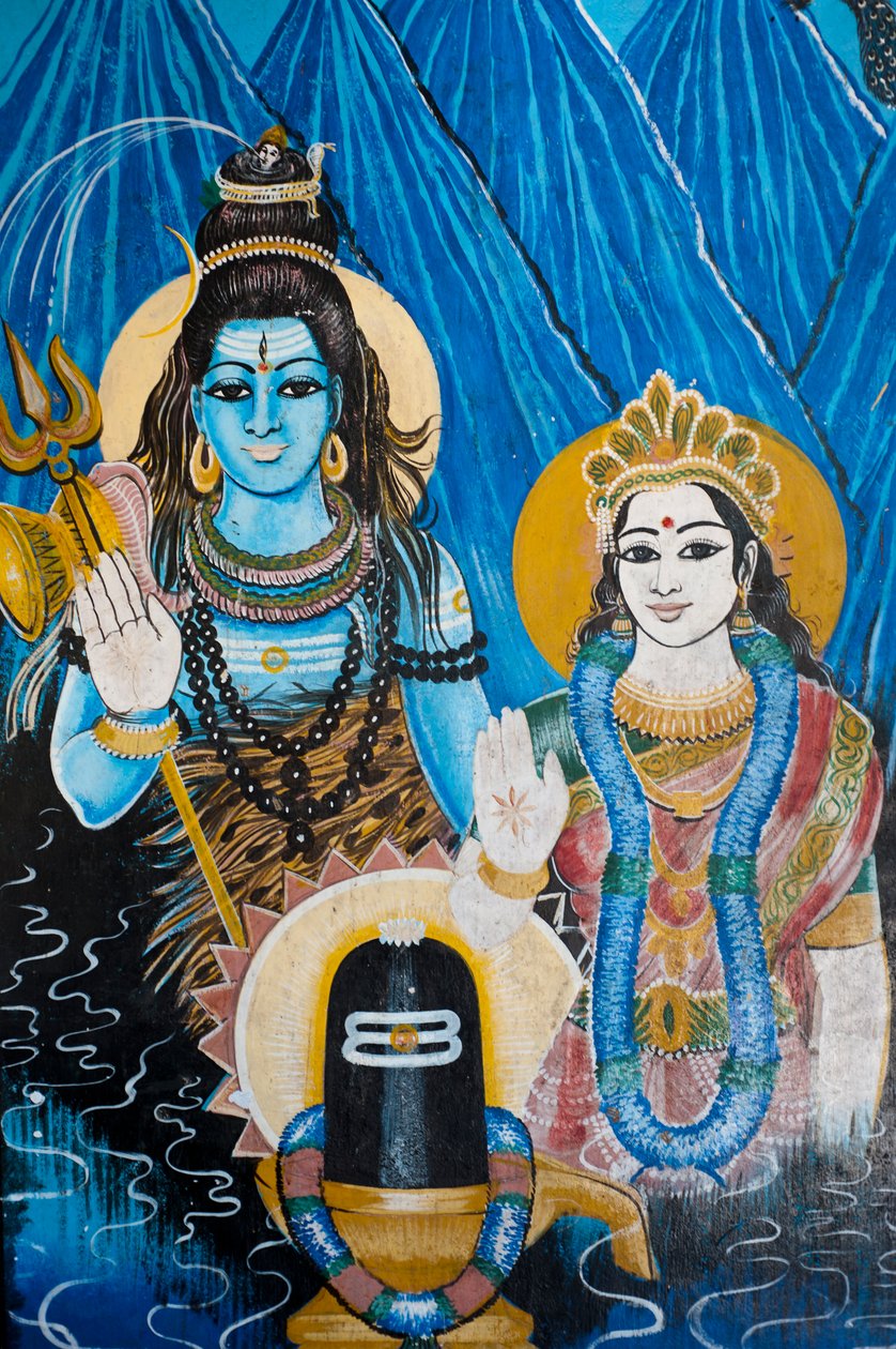 印度神湿婆和他的配偶女神Parvati的绘画，在Sangamankanda的一个寺庙的墙壁上，在东海岸，斯里兰卡。 2010年5月29日。 作者 不明