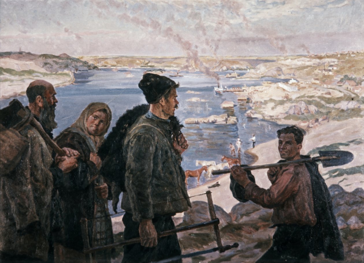 由K，Trokhimenko，社会主义现实主义的第聂伯河水电1937年绘画的建设者。 作者 不明