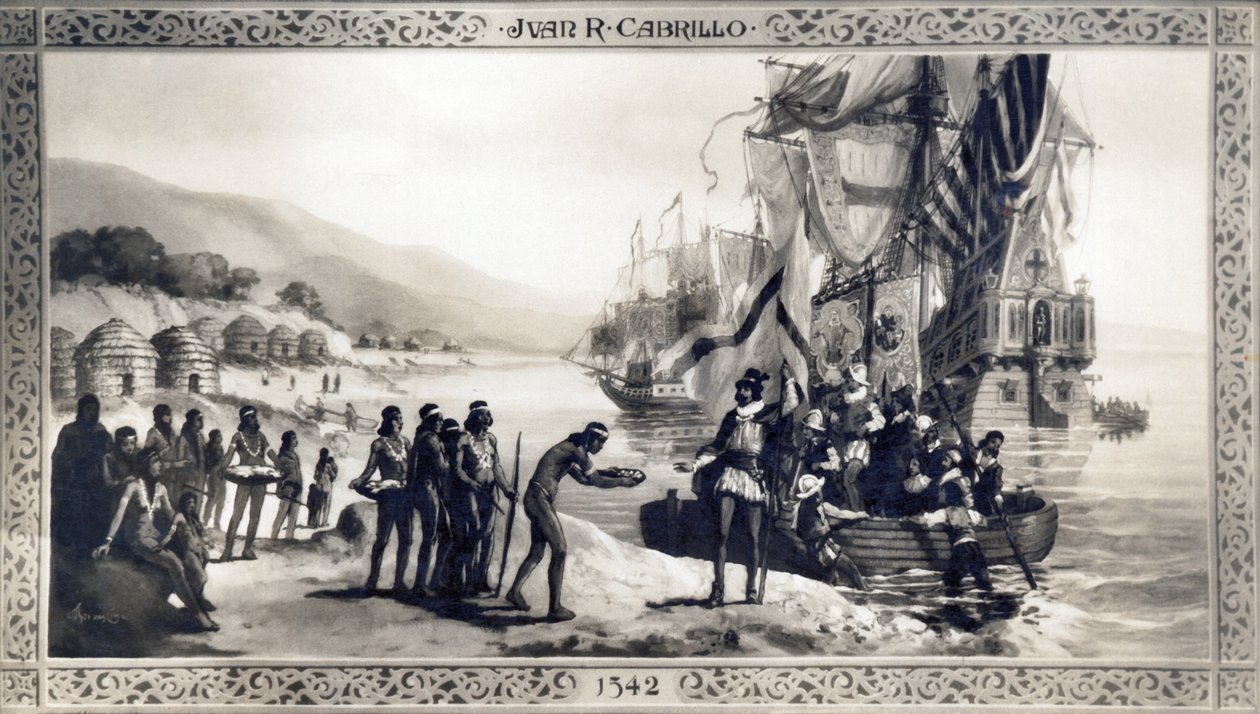 加利福尼亚州：1542年描绘胡安·罗德里格斯·卡布里洛（Juan Rodriguez Cabrillo）在远征期间与加利福尼亚海岸当地人会面的画作 作者 不明