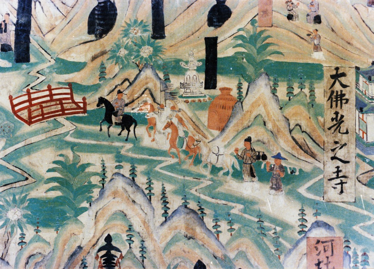 五台山（五台山）地图的细节，五代（907-960）在敦煌石窟进行的壁画，描绘了沿着道路行进的朝圣者 作者 不明