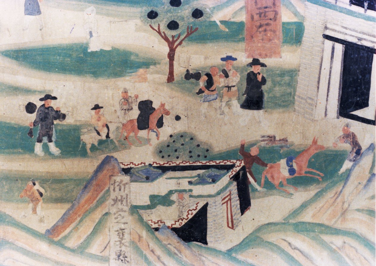五台山（五台山）地图的细节，五代（907  -  960年）在敦煌石窟进行的壁画，描绘了朝圣者前往夜间的旅馆 作者 不明