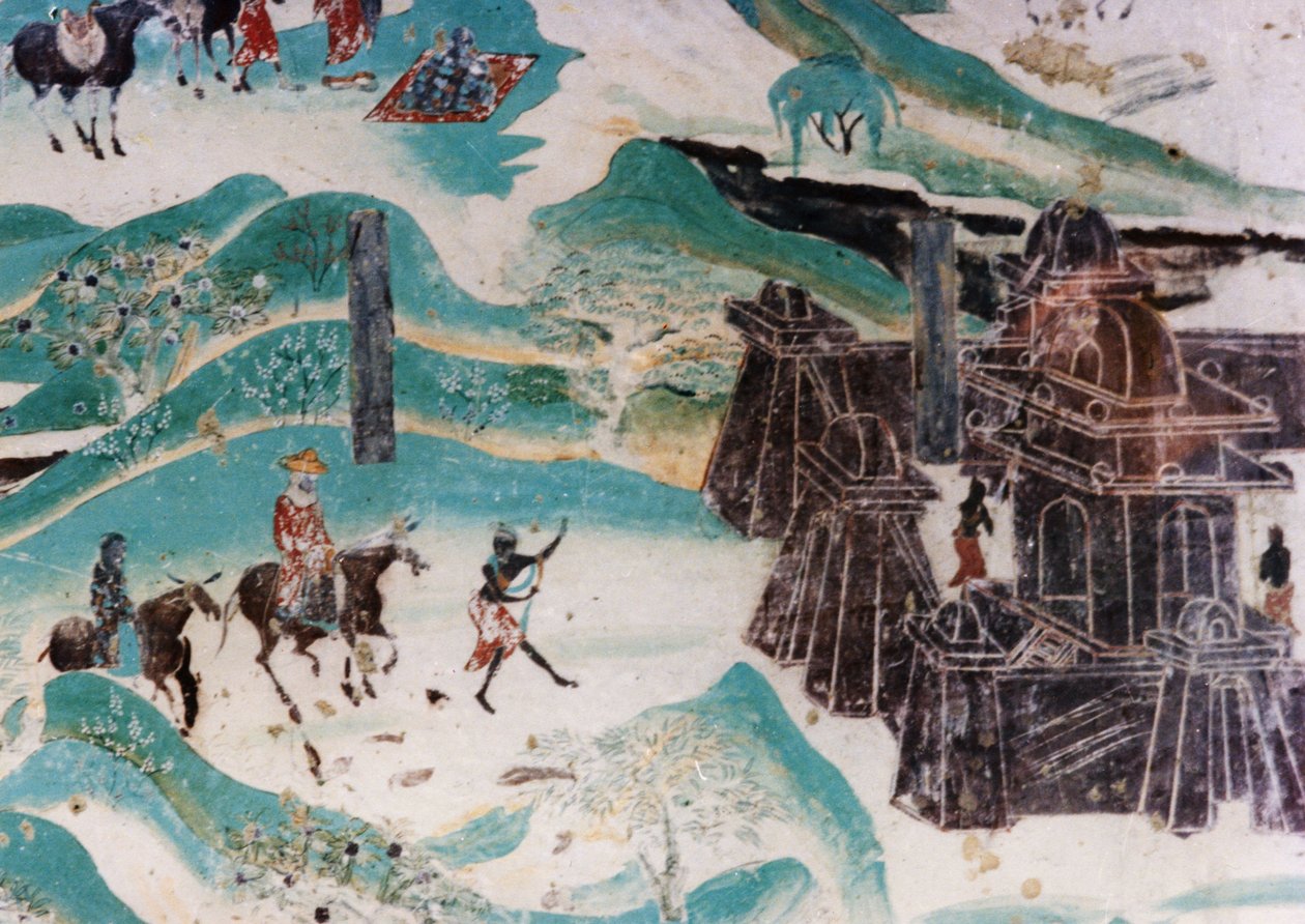 五台山（五台山）地图详细介绍，敦煌石窟五代（907  -  960年）的壁画，描绘了西域典型的建筑风格 作者 不明