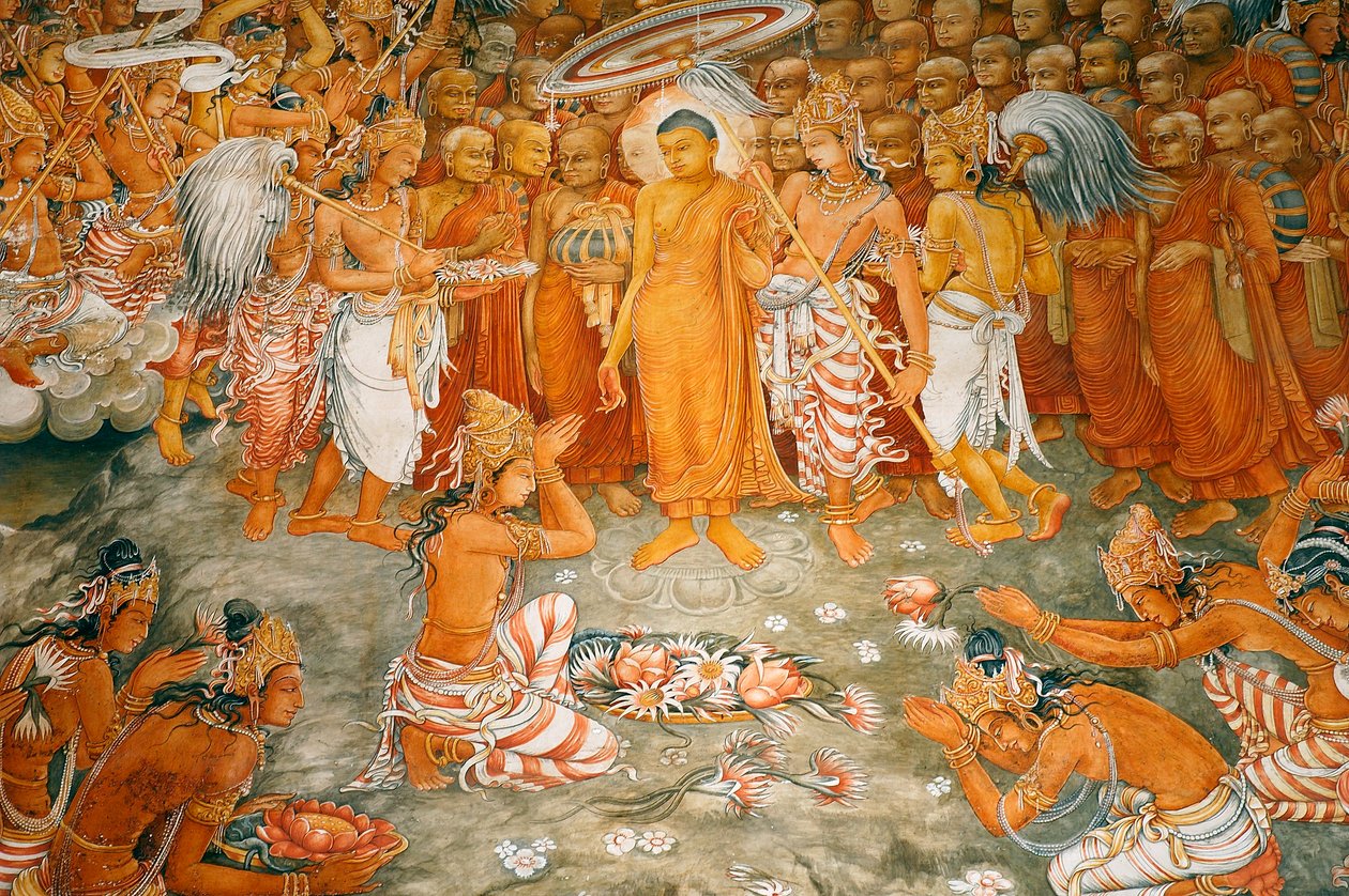 壁画在Kelaniya寺庙的Kelaniya寺庙的墙壁上最神圣的佛教站点之一，距离斯里兰卡首都科伦坡约6英里。 2010年1月7日。 作者 不明