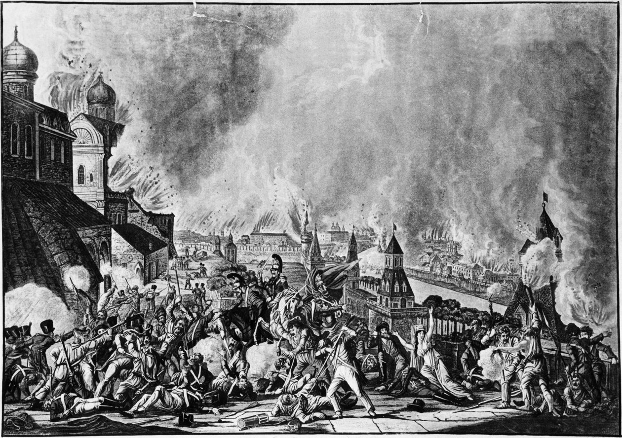 1812年拿破仑战争，莫斯科火灾，1812年9月15日，由鲁根达斯雕刻（1813年）。 作者 不明