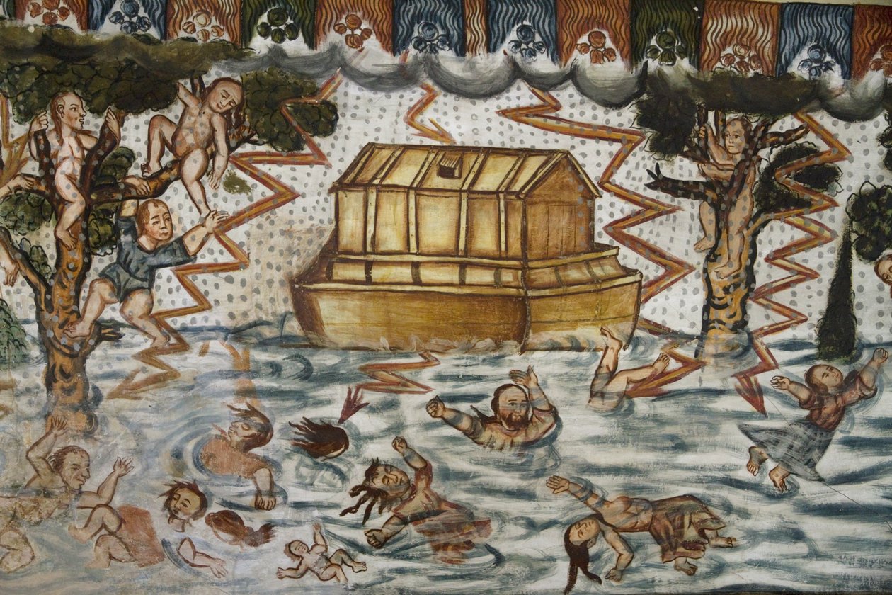 Noahs Ark和Deluge以巴洛克 - 梅斯蒂索壁画为例，历史可追溯至17世纪的圣地亚哥德库拉瓦拉德卡兰加斯教堂洗礼堂，安第斯山脉的西斯廷教堂，Curahuara De 作者 不明