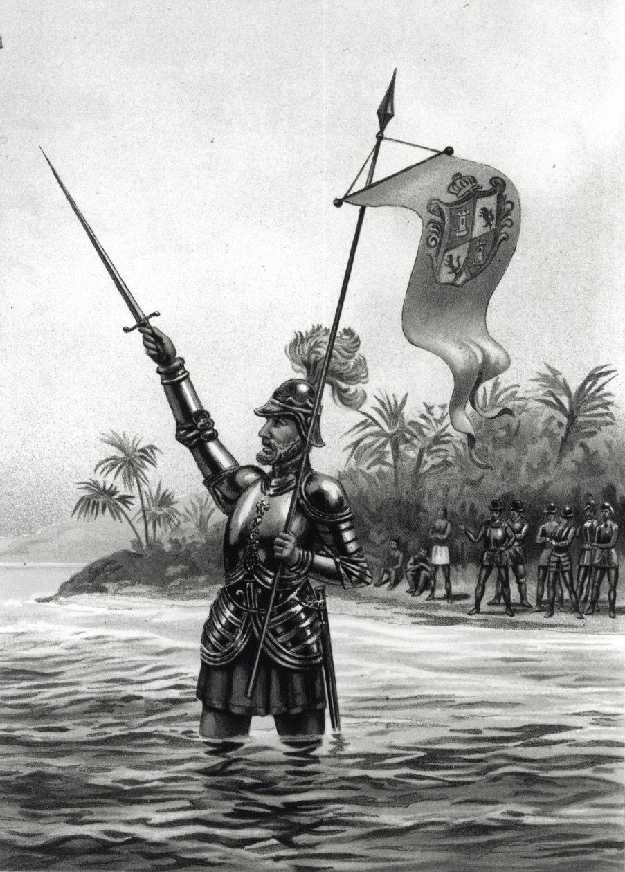 1513年9月25日，Balboa在南海上宣称自治领，来自“美国大陆及其居民在被哥伦布发现之前”，来自Anne C. Cady（平原）1893年（捆绑照片） 作者 美国学校