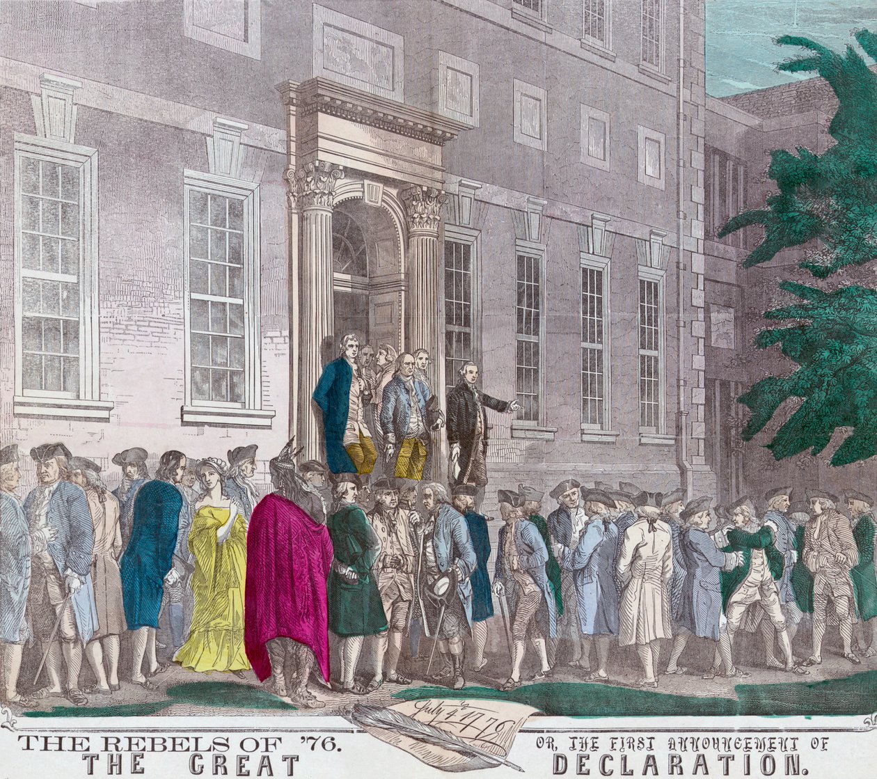 1776年7月4日，第二届大陆会议成员在采用19世纪的英国独立宣言后离开费城的独立厅（colou） 作者 美国学校