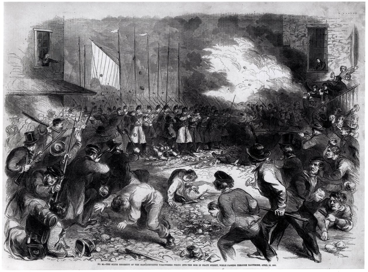 1861年4月19日，马萨诸塞州第六军团在普拉特街上袭击暴徒，在1861年4月19日穿过巴尔的摩前往华盛顿的路线，来自弗兰克莱斯利的画报Newsp 作者 美国学校