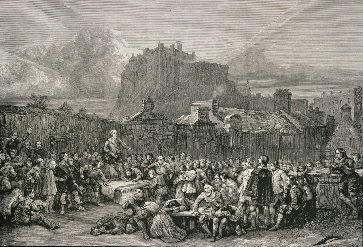 一群人在1638年在爱丁堡Greyfriar&39;s Churchyard前签署国民盟约，由1886年宗教信息学会出版的“苏格兰图片” 作者 英语学校
