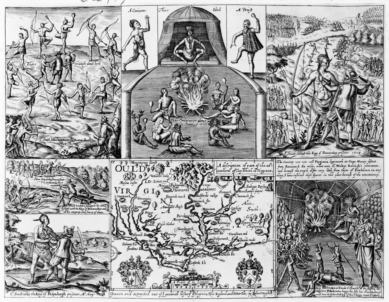 &39;对Cap的一部分冒险的描述。史密斯在弗吉尼亚州，由弗吉尼亚州的“弗吉尼亚州，新英格兰和夏季岛屿的一般历史”插图，由罗伯特·沃恩（Robert Vaughan）雕刻（fl.1622-7 作者 英语学校