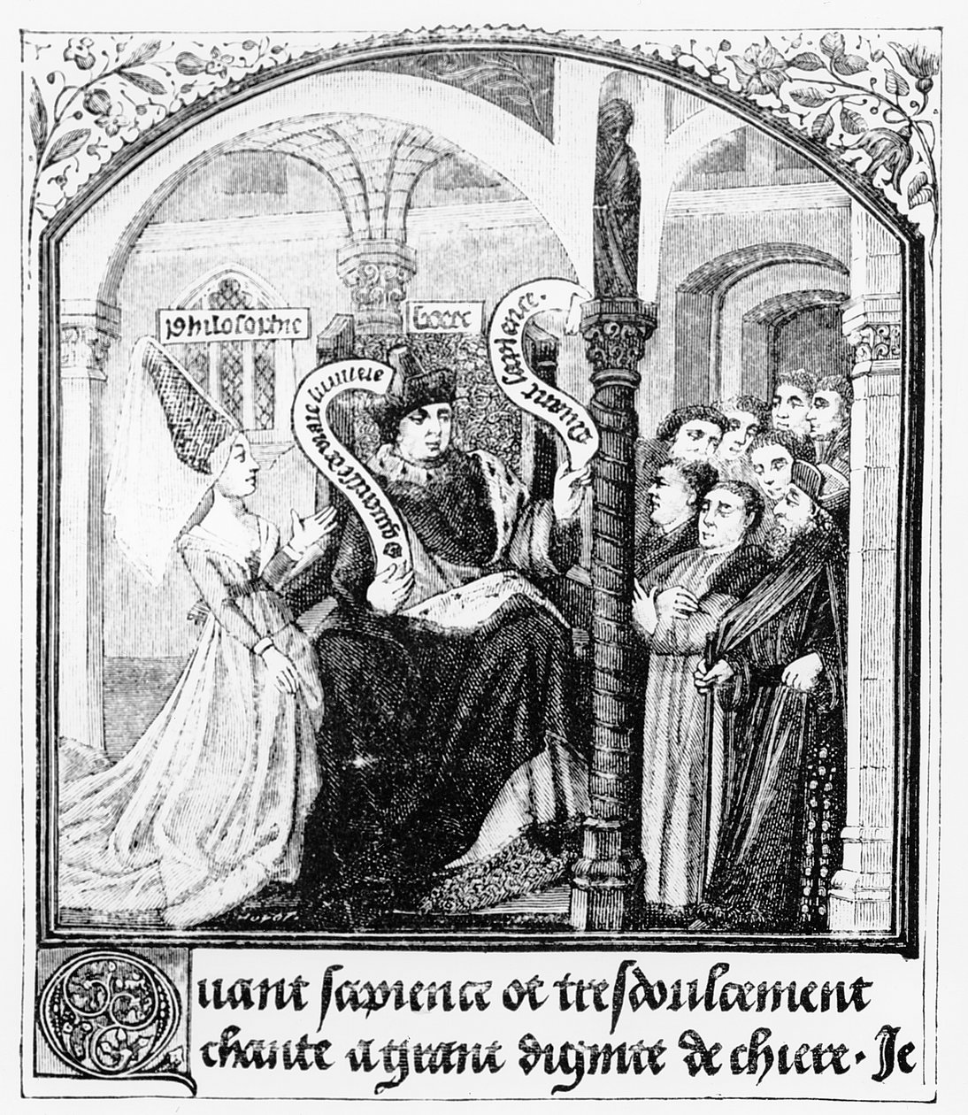 Boethius（480-524）接受了Dame Philosophy的忠告，这是来自&39;De Consolatione da Philosophiae&39;的缩影，由Jean de Meung翻译，来自&39;中世纪科学与文学的插图 作者 英语学校
