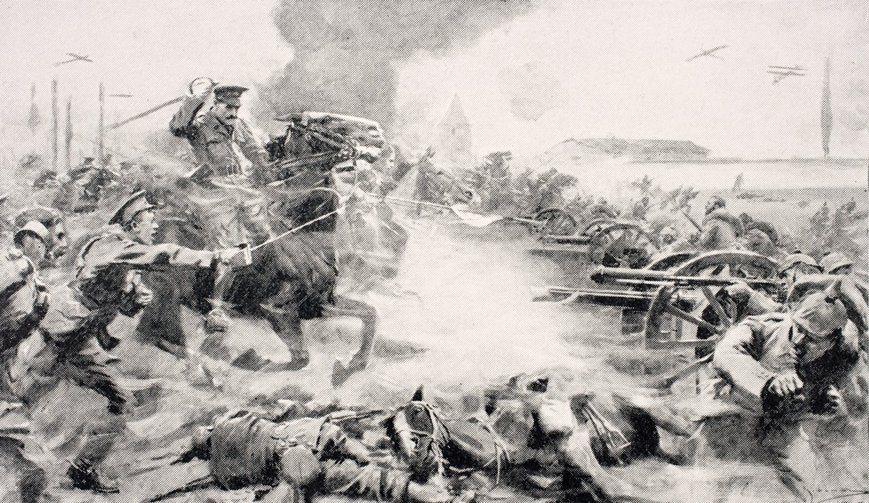 1914年8月24日，在1916年8月24日在杜邦附近夺取被捕枪支的FO Grenfell船长，于1916年在伦敦出版的“战争画报专辑”中出版。 作者 英语学校