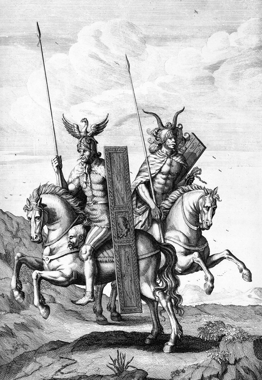 由Cornelis Huyberts雕刻的德国战士，他们的头盔，盾牌和长矛，由威廉·邓肯翻译成英文的“凯撒评论”插图，出版于1753年 作者 英语学校
