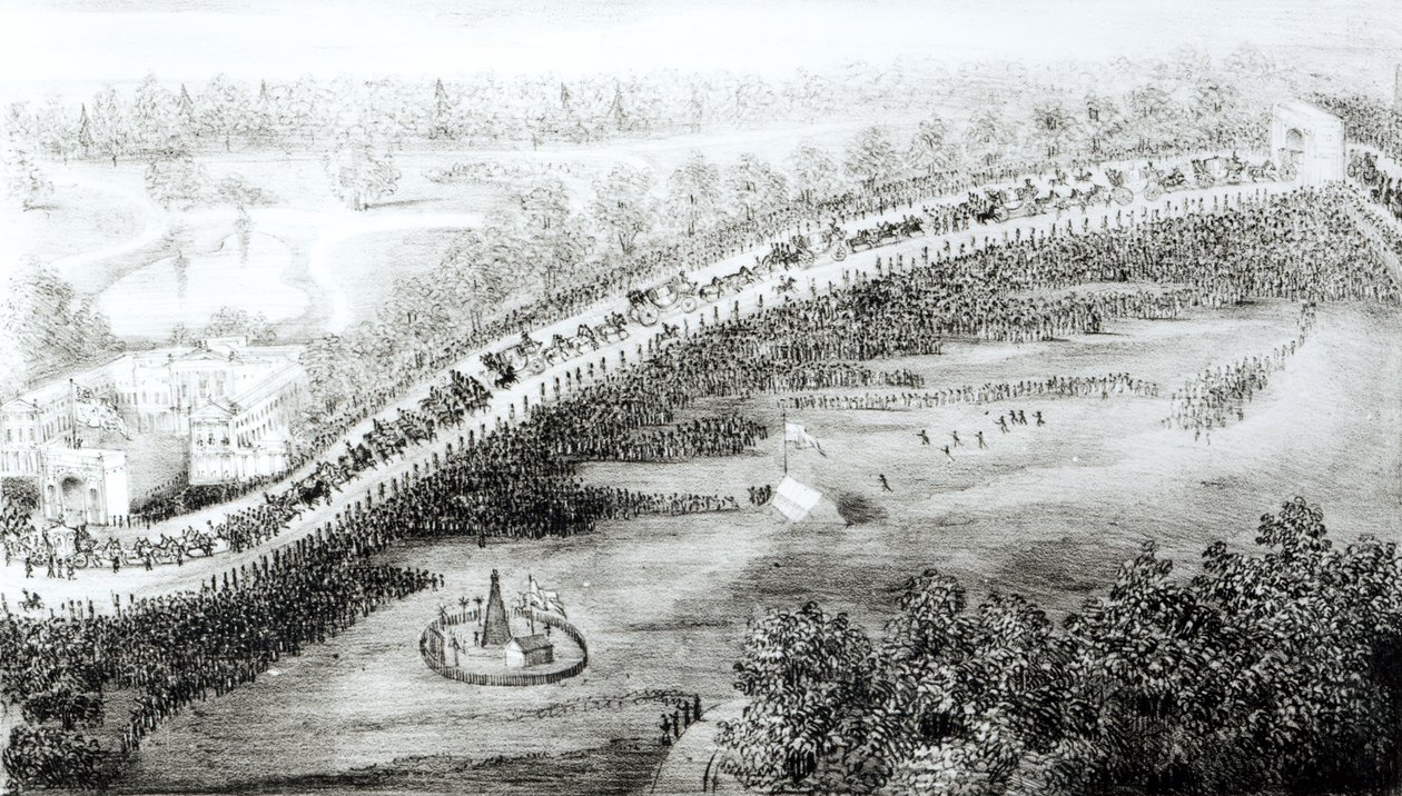 1838年6月28日，由GS Tregear出版的维多利亚女王加冕仪式上拍摄的一系列鸟瞰图中，她最亲切的陛下和护送离开了宫殿。 作者 英语学校