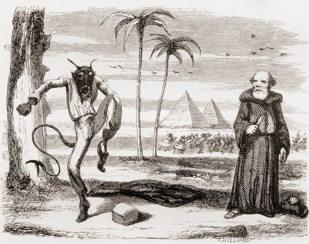 “他是如何跳跃，跳过，吼叫和咆哮”，插图是乔治·克鲁克汉克（George Cruikshank）为诗歌“The Lay of St. Medard”所作的插图，来自“Ingoldsby Legends or Mirth and Marvels”，来自Thomas Ingoldsby，发表在 作者 英语学校