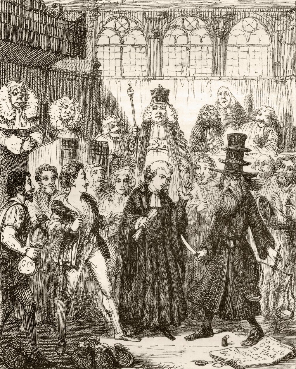 乔治·克鲁克汉克（George Cruikshank）在1865年出版的托马斯·英格尔斯比（Thomas Ingoldsby）出版的“英国威尼斯商人”（The Merchant of Venice）中的插图，来自“英格尔斯比传说或欢乐与奇迹” 作者 英语学校