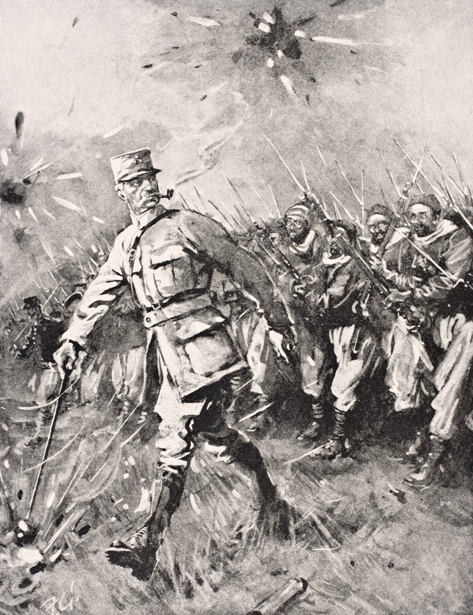 1916年在伦敦出版的“战争画报专辑”中，Jean-Baptiste Marchand少尉，手持甘蔗，手杖，带领Zouave和摩洛哥人对抗1915年的德国敌人西部阵线（ 作者 英语学校