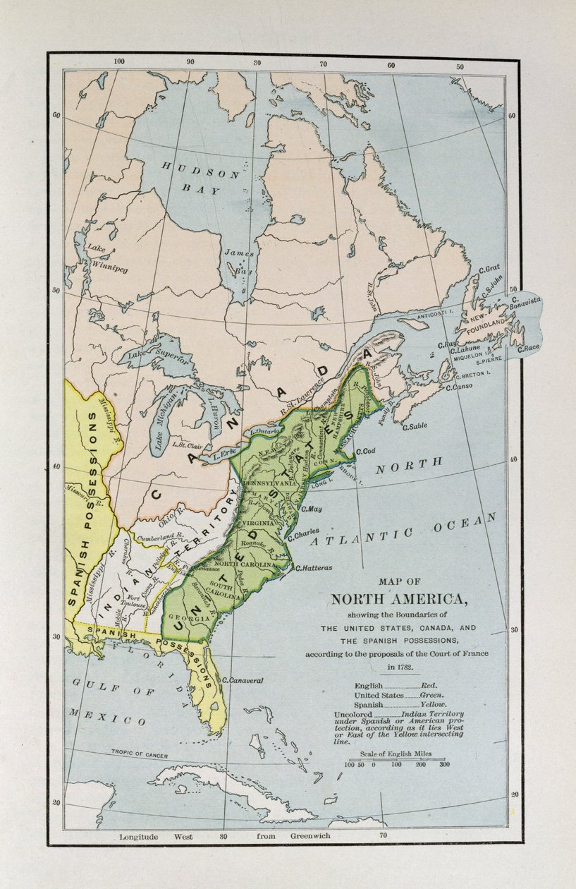 北美地图，根据1782年法国法院的提议，显示美国，加拿大和西班牙财产的界限，来自“叙事与批评的历史” 作者 英语学校