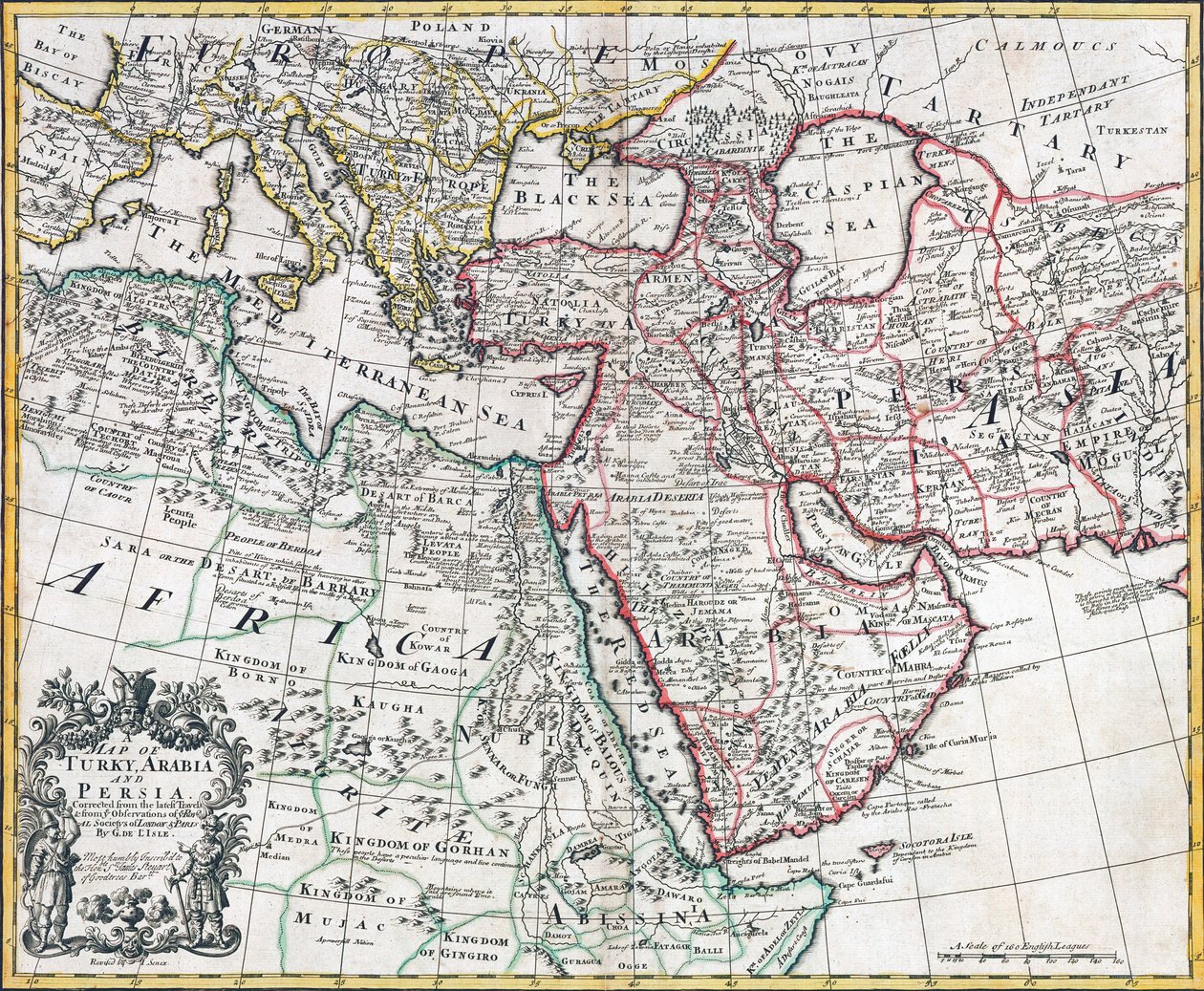 土耳其，阿拉伯和波斯的地图，在约翰·塞内斯修订的Guillaume de L&39;Isle之后，来自D. Browne，T。Taylor，J。Darby，J，Senex，W。Taylor的“1721年新通用地图集”。其他四个在Londo 作者 英语学校