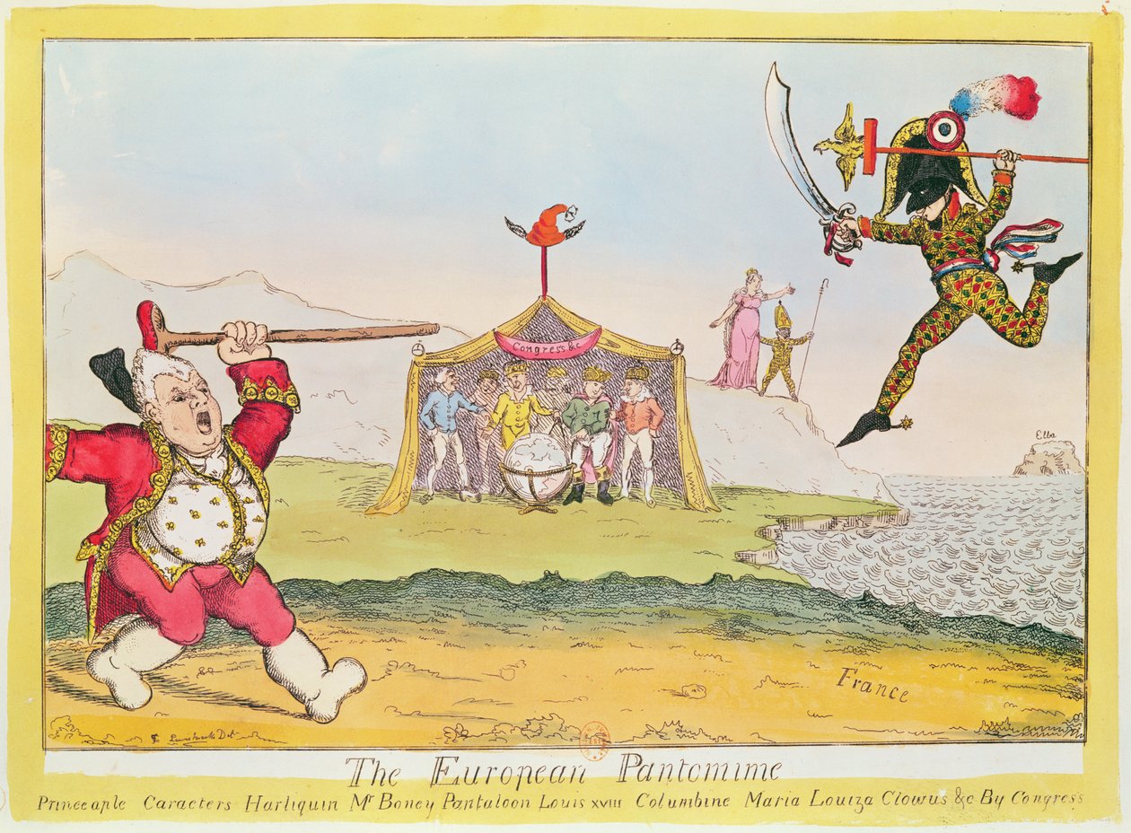 “欧洲哑剧”，拿破仑（1769-1821）的漫画作为Harlequin，国王路易十八（1755-1824）作为Pantaloon，Queen Marie-Louise（1791-1847）作为哥伦拜恩和维也纳会议（彩色工程师） 作者 英语学校