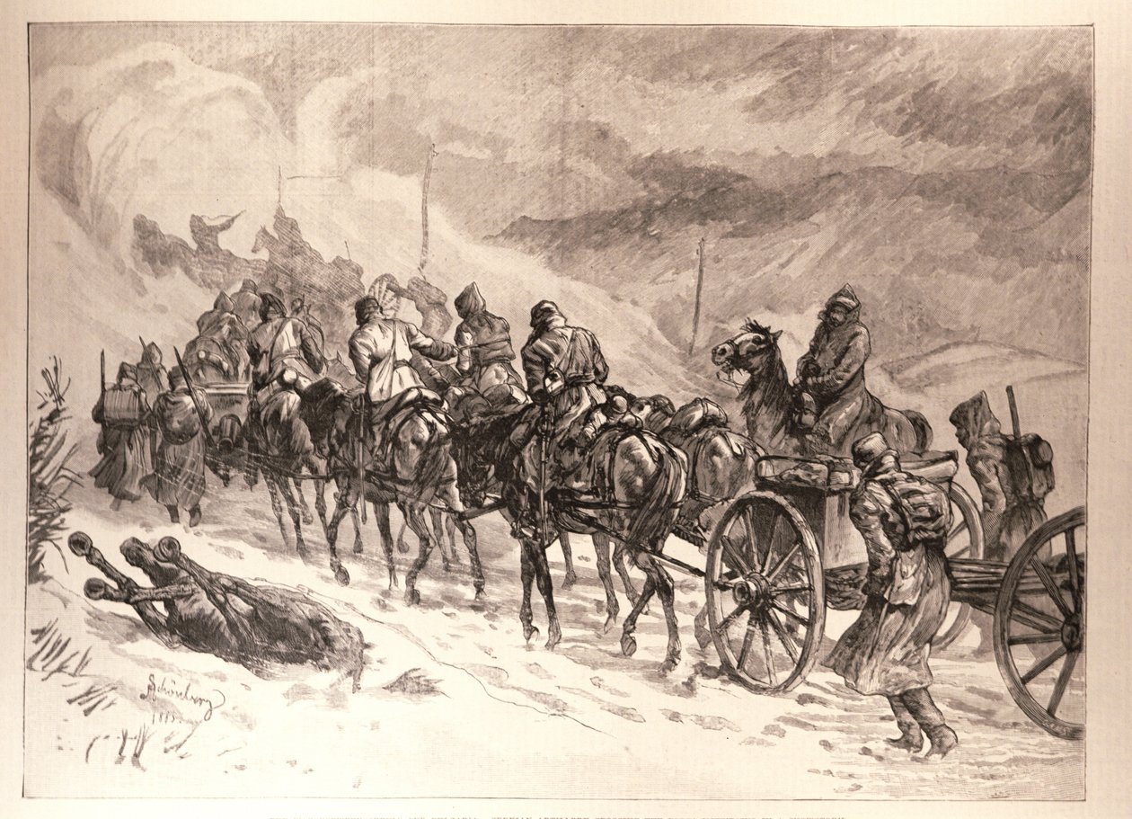 塞尔维亚和保加利亚之间的战争：Servian炮兵在暴风雪中穿越Ploca山脉，来自J. Schonberg的草图，来自“插图的伦敦新闻”，1886年1月16日 作者 英语学校