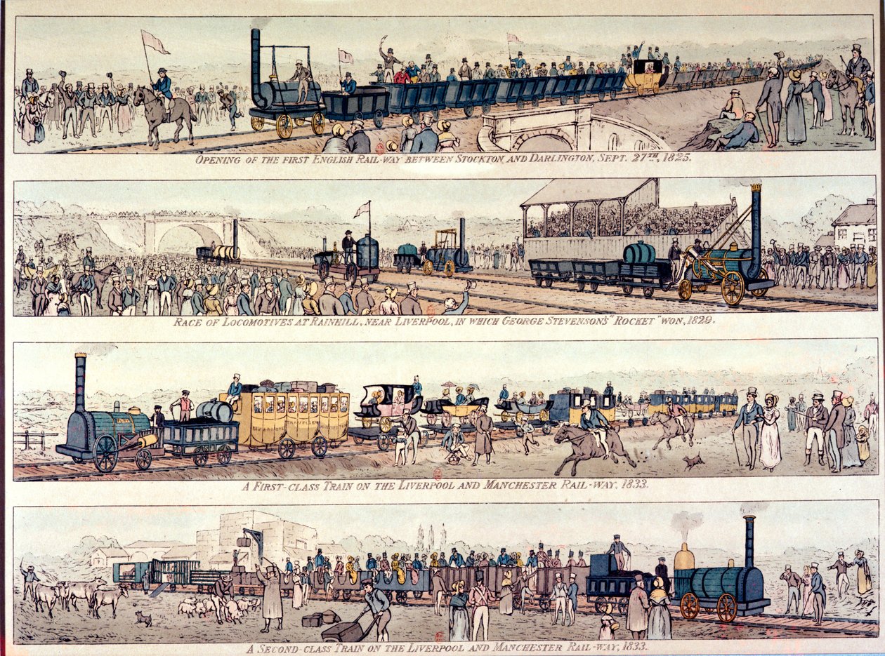 斯托克顿和达林顿铁路的开通，1825年;利物浦附近的Rainhill的机车竞赛由乔治斯蒂芬森的&39;火箭&39;赢得，1829年;利物浦和曼彻斯特R的头等火车 作者 英语学校