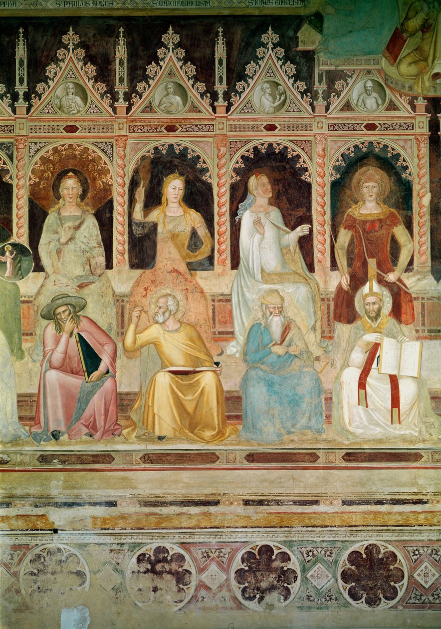 天主教教义的胜利，实用神学的细节和Boethius，Hope和St. John Damascene，Faith和St. Denys来自西班牙教堂的Areopagite，Charity和St. Augustine，13 作者 安德里亚·迪·博纳乌托（Andrea di Bonaiuto）