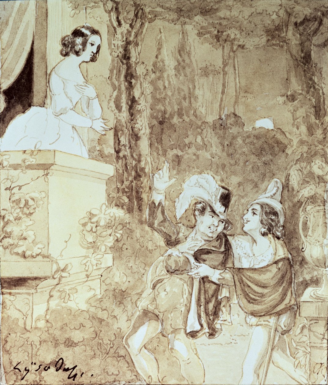 Leporello以Don Giovanni（唐璜）为幌子，在他身后翩翩起舞，第二幕第一幕，来自Wolfgang Amadeus Mozart（1756-91）的“Don Giovanni”（笔和洗） 作者 奥地利学派