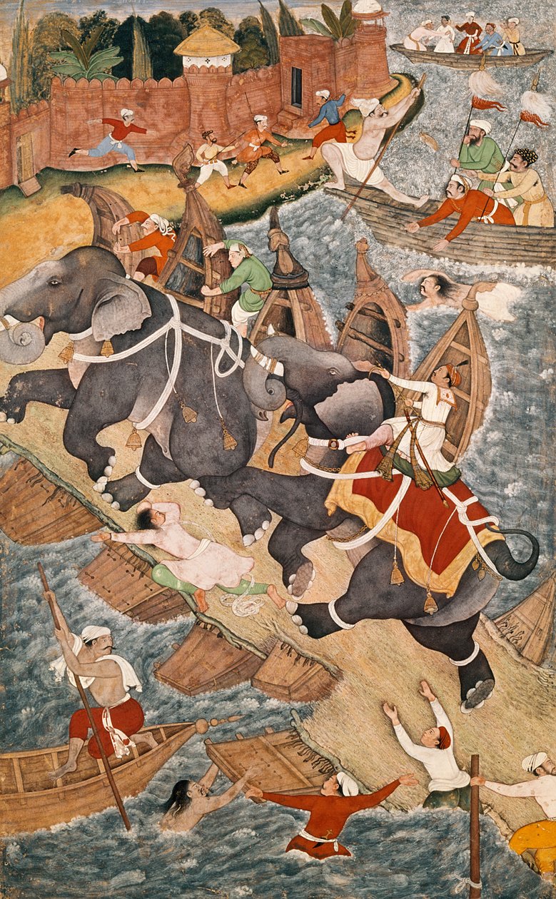 Akbar驯服野人大象，Hawa&39;i，在阿格拉红堡外面，从Abul Fazl的Akbarnama缩小，1590年（双页微缩的左侧，见4042） 作者 巴沙旺