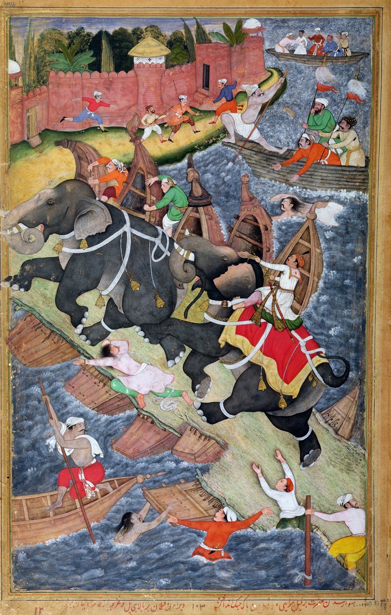阿克巴在阿格拉的红堡外驯服野人大象哈维伊，是阿布·法兹尔的“Akbarnama”的缩影，1590年（双页缩影的左侧，见4042）（gouac） 作者 巴沙旺