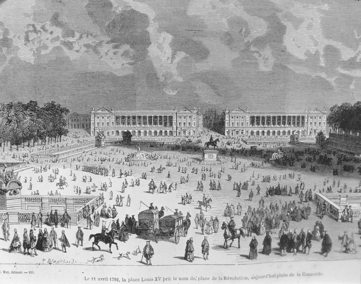 1792年4月11日，路易十五广场改名为革命广场，今天被称为协和广场，从“巴黎到几个世纪”的插图。第3卷，H.Hourdon de Genouillac，188 作者 布兰查德
