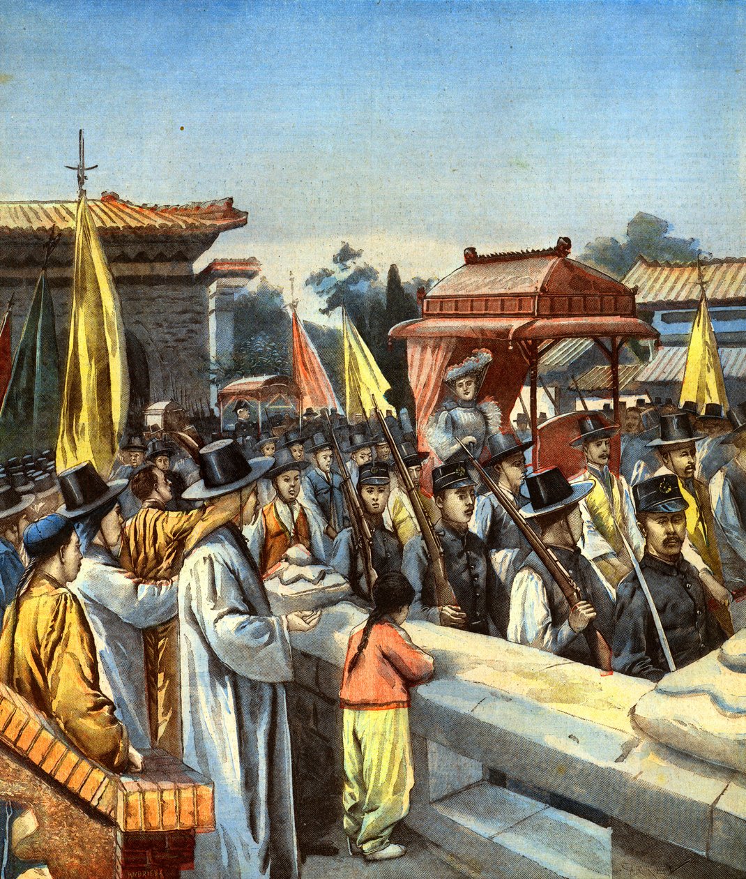 1905年9月20日，爱丽丝·罗斯福（Alice Roosevelt）穿过皇家轿车的首尔街道，前往宫殿，与朝鲜皇帝一起观看“Le Petit Pari”的插图。 作者 卡瑞