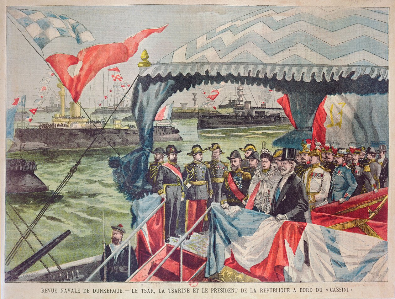 敦刻尔克的海军评论：沙皇尼古拉二世和他的妻子，Tsarina Alexandra与总统Loubet搭乘鱼雷炮艇“Cassini”，插图来自&39;Le Petit Parisien&39;，1901年9月22日（colou 作者 卡瑞