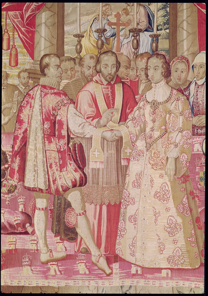 Charles V Tapestry在1526年描绘了查理五世（1500-58）与葡萄牙伊莎贝拉（1503-39）的婚姻，这对夫妇的主要祝福细节，布鲁日，c.1630-40（细节78692） 作者 佛兰芒学校