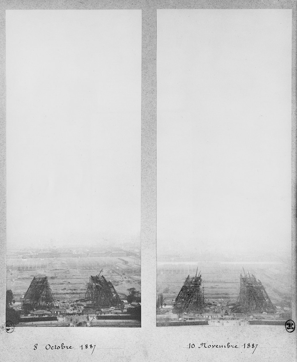 1887年10月8日和11月10日巴黎埃菲尔铁塔建筑的两个视图 作者 法国摄影师