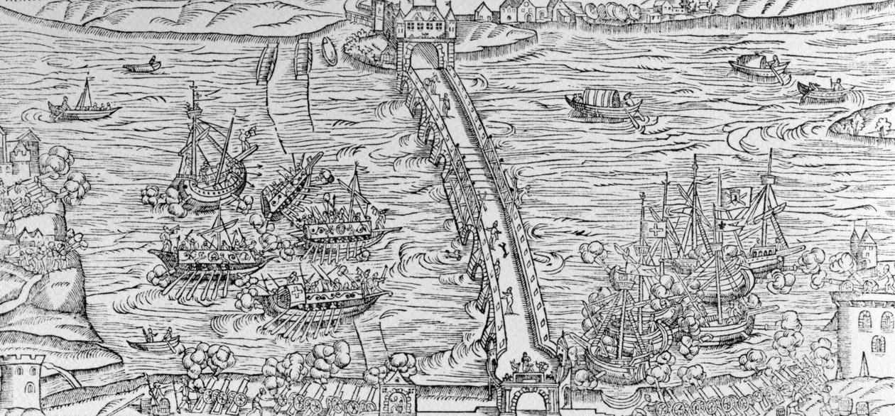1596年在亨利四世面前在塞纳河上进行海战的重建，插图来自“在他的城市Rouën的亨利三世的loyeuse和凯旋进入的话语” 作者 法语学校