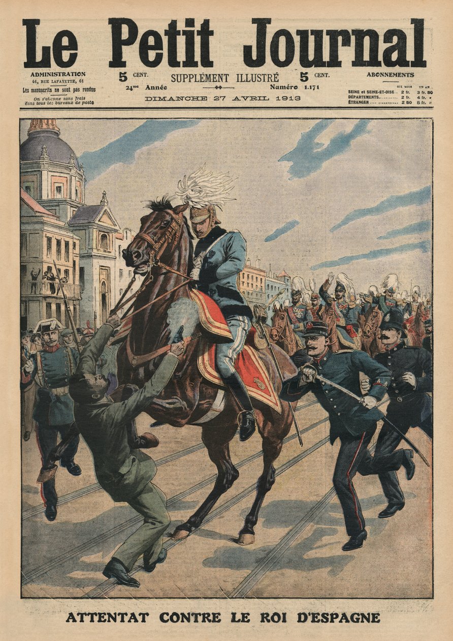 暗杀西班牙国王阿方索十三世，封面插图来自&39;Le Petit Journal&39;，补充说明，1913年4月27日 作者 法语学校