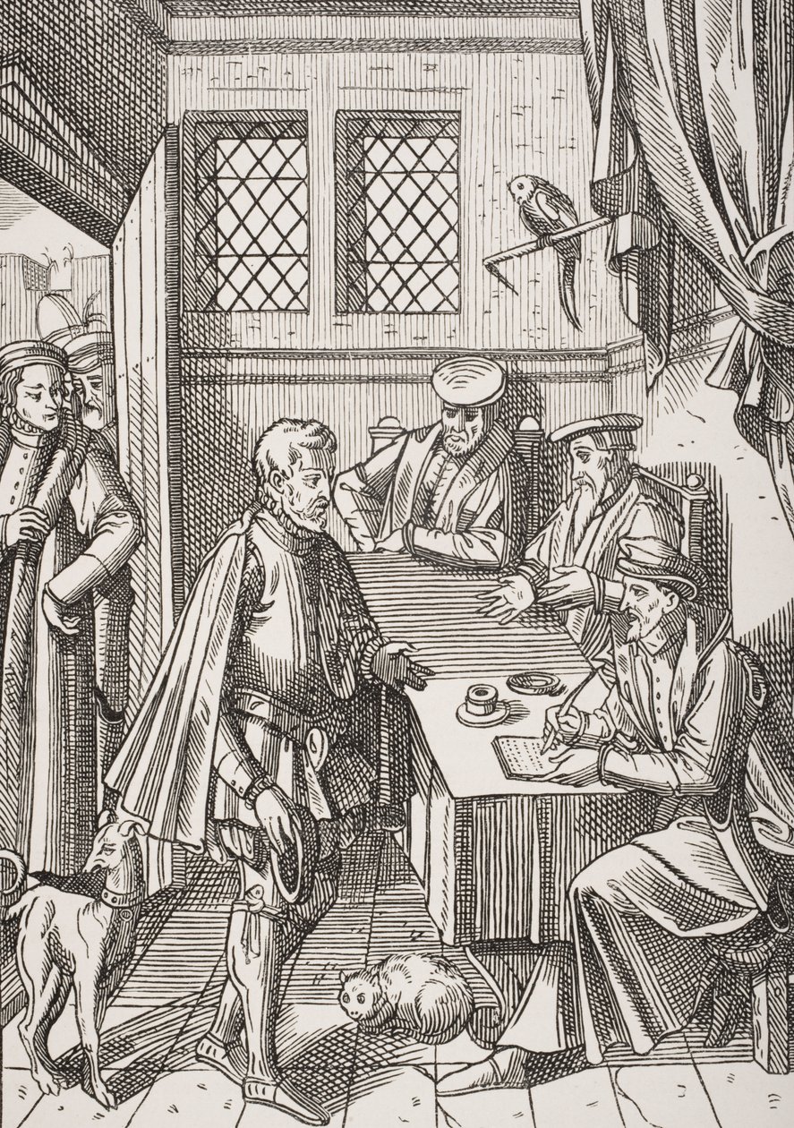 国王执达官的Bailliage或仲裁庭，由Paul Lacroix（1806-84）出版的“Le Moyen Age et La Renaissance”中的Josse Damhoudere（1507-81）在&39;Praxis Rerum Civilium&39;中刻印木版画 作者 法语学校