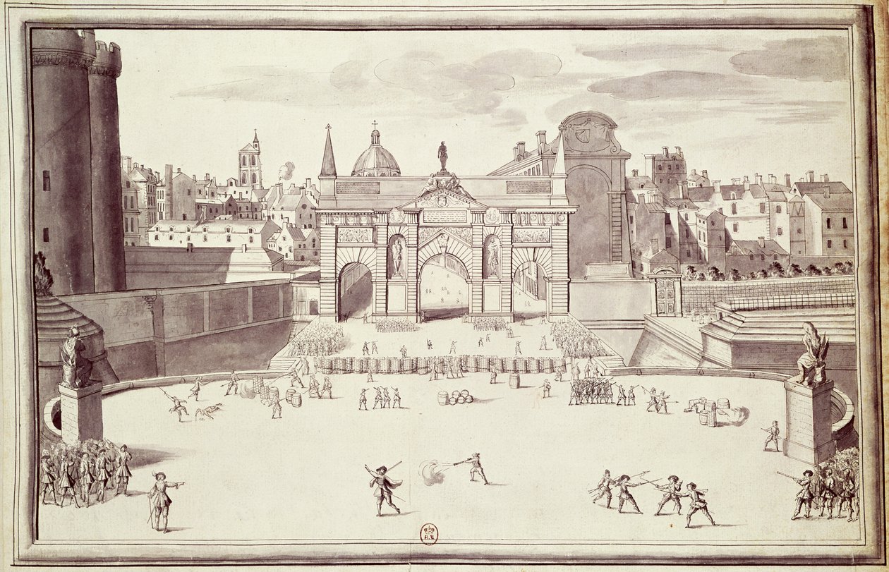 1648年8月26日在Porte Sainte-Antoine的路障（纸和笔墨水） 作者 法语学校