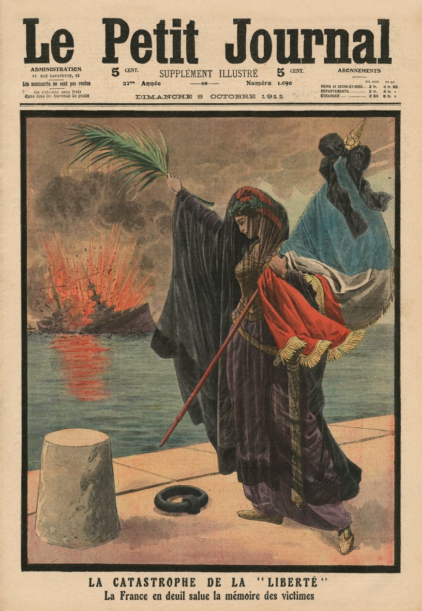 法国难以置信的战舰&39;Liberte&39;的灾难，为受害者哀悼，来自&39;Le Petit Journal&39;的封面插图，补充说明，1911年10月8日 作者 法语学校