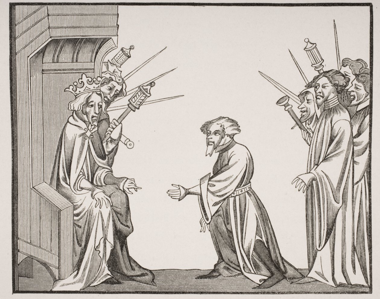 Charlemagne（747-814）从他的一位伟大的Feudatories或高级男爵那里接受忠诚和荣誉的誓言，在&39;圣徒丹尼斯编年史&39;中传播一个14世纪的缩影，来自&39;Le Moy 作者 法语学校