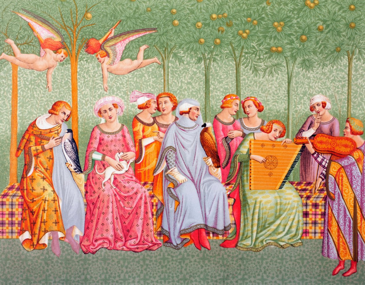 1873年出版的“Les Arts au Moyen年代”中，宫廷女性在比萨坎波桑托纪念碑（Camposanto Monumentale，Pisa）的死亡壁画之后，在果园里听音乐。 作者 法语学校