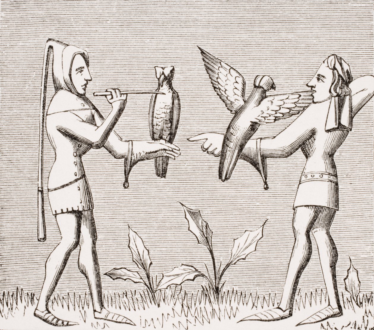 Falconers穿着他们的鸟，在Henri de Ferrieres的14世纪手稿“Livre de Roy du Modus”中复制了一个缩影，来自Paul Lacroix的“Le Moyen Age et La Renaissance”（1806-84） 作者 法语学校