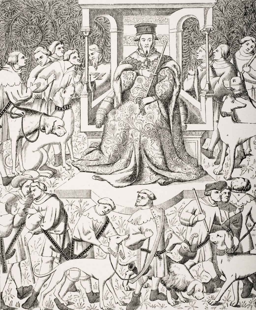 Gaston Phoebus（1331-91）教授艺术或狩猎，经过15世纪的Phoebus及其职员狩猎野生动物和猛禽的缩影，来自&39;Le Moyen Age et La Renaissance&39; 作者 法语学校