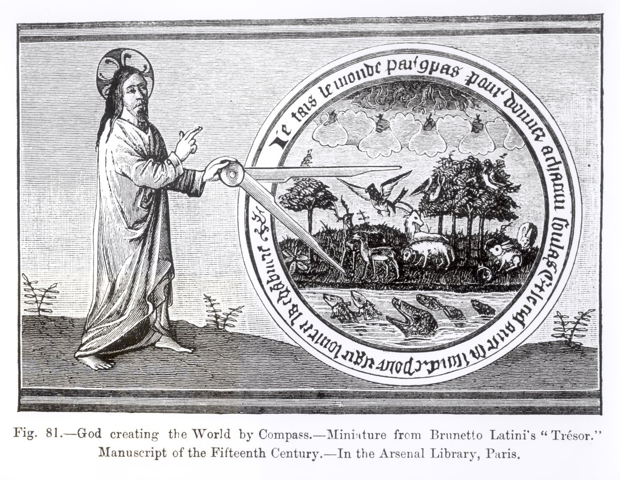 上帝用指南针创造世界，来自Brunetto Latini（1220-94）的“Le Livre du Tresor”的手稿照明，来自&39;中世纪的科学与文学和文艺复兴时期的插图 作者 法语学校