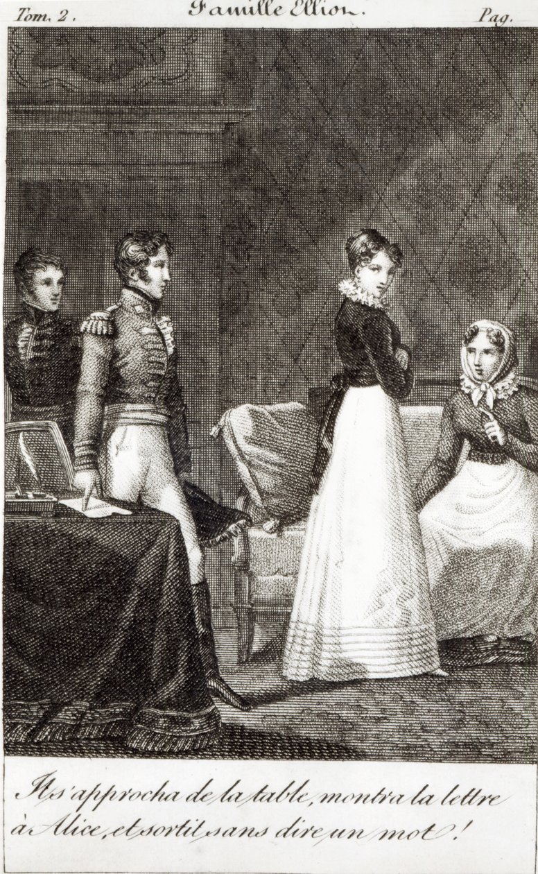“他走到桌边，给爱丽丝写了一封信，一言不发地离开了！”，“La Famille Elliot”的插图，简·奥斯汀（1775-1817）翻译的“劝说”（bw） 作者 法语学校