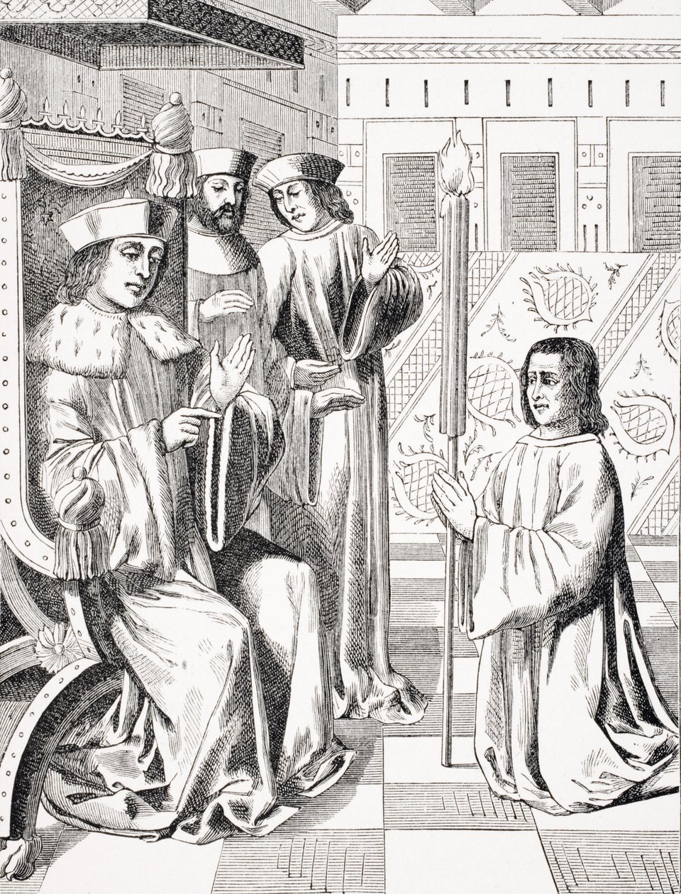 Jacques Coeur（c.1395-1456）致敬查尔斯七世（1403-66），复制了15世纪的“Monstrelet编年史”中的缩影，来自&39;中世纪和文艺复兴时期&39;的Paul Lacroix（1806-84） ） 作者 法语学校