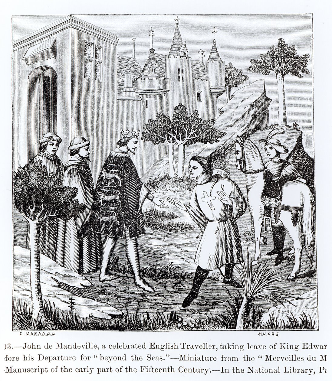 约翰德曼德维尔离开国王爱德华三世（1312-77）离开之前，从&39;Merveilles du Monde&39;，“中世纪和文艺复兴时期的科学与文学”的插图， 作者 法语学校