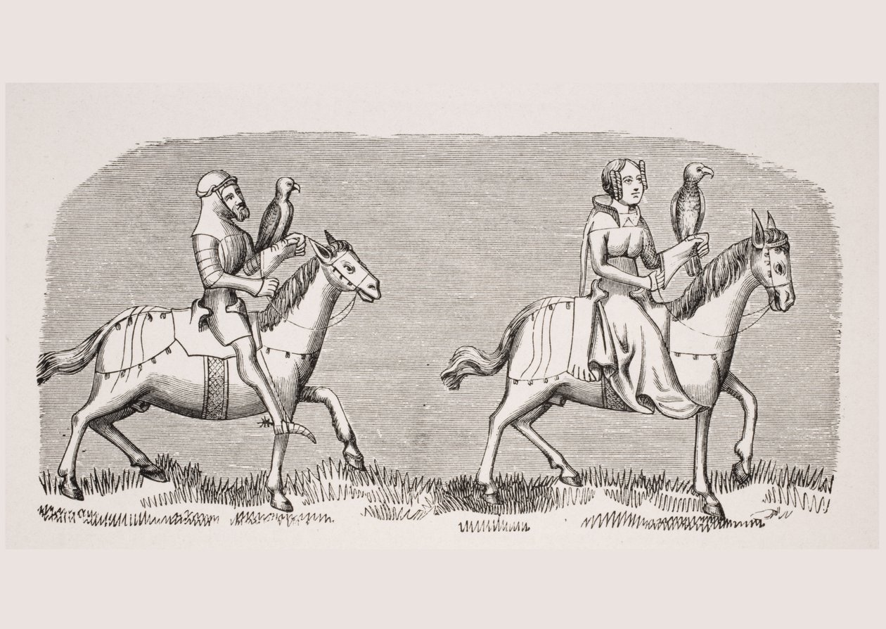 亨利·德·费里耶尔斯（Henri de Ferrieres）在14世纪的手稿“Livre de Roy du Modus”中，由Paul Lacroix（1806-84）发表的“Le Moyen Age et La Renaissance”中的女士摆弄小贩 作者 法语学校